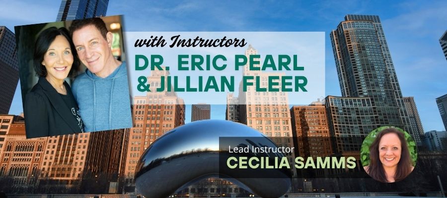 Dr.Eric and Jillian, and Cecilia Samms, picture on picture, over Chicago's skyline