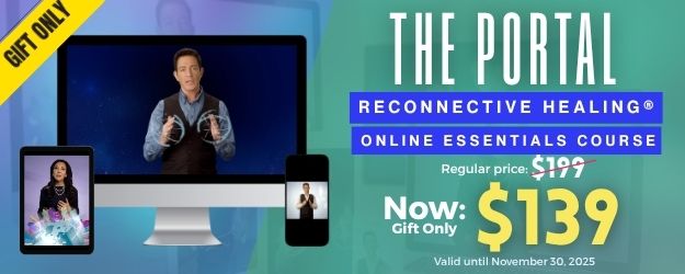 Promotional banner for The Six Phrases to Reconnect Your Life, featuring a luminous digital human figure with raised arms connected to a network of light.