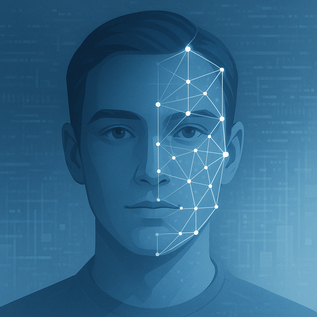 Abstract face recognition illustration with digital lines overlaying a human face, representing advanced investigation technology