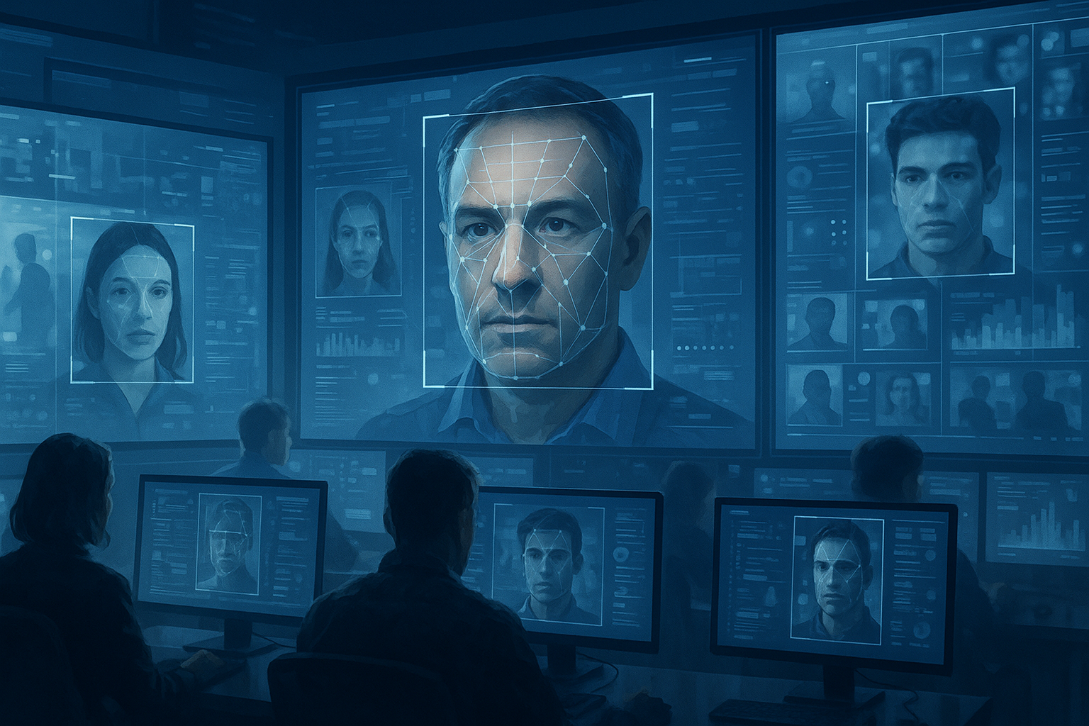 A high-tech control room with screens displaying real-time facial recognition analytics, showing highlighted faces and data metrics, amidst an intense investigative environment