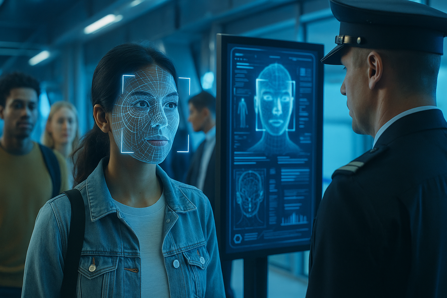 Advanced facial recognition system at a modern airport security checkpoint capturing diverse passengers under blue light
