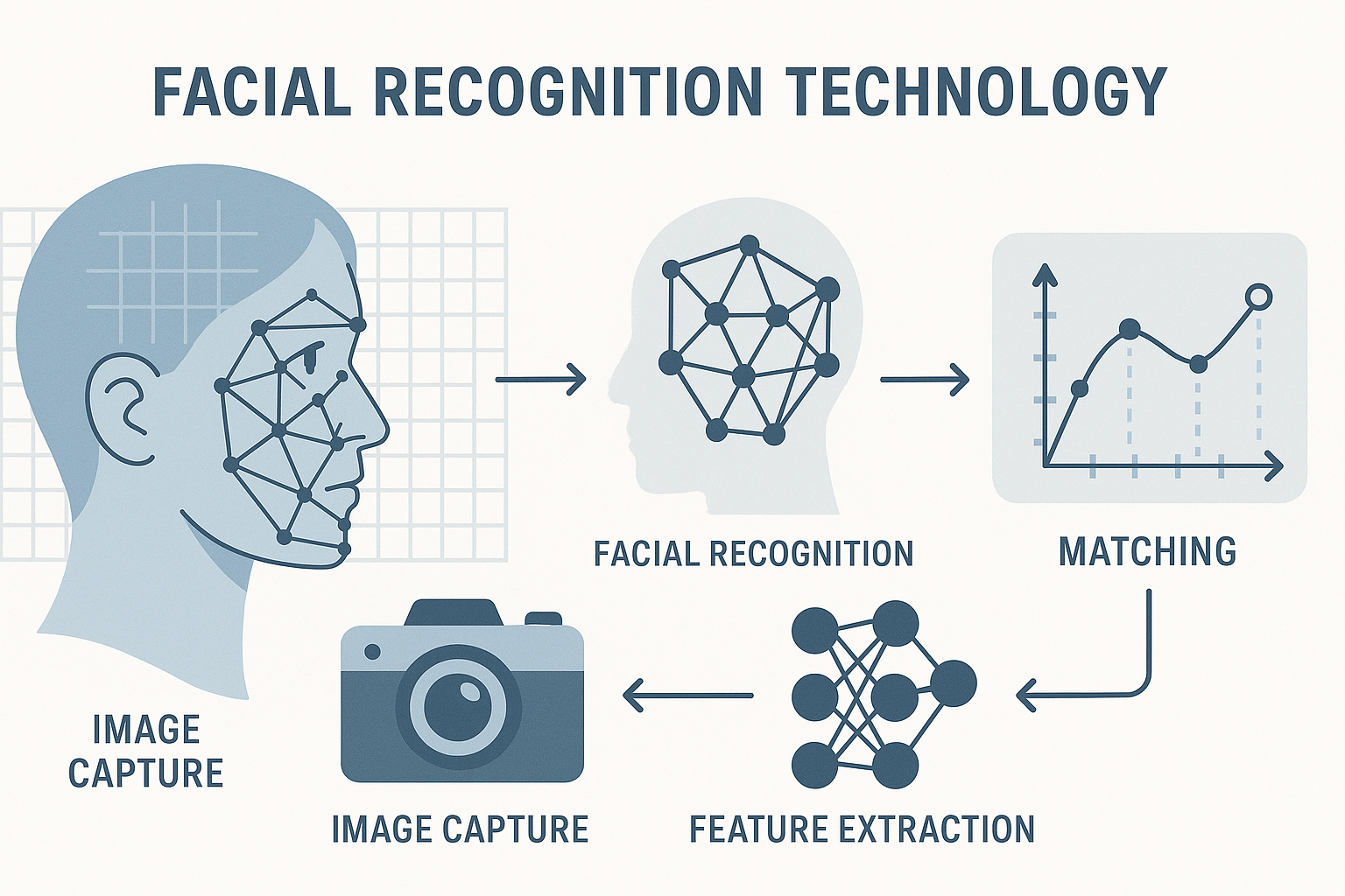 Infographic depicting facial recognition technology basics: human face profile with data gridlines, camera, facial mapping, neural network graph, and mathematical measurements