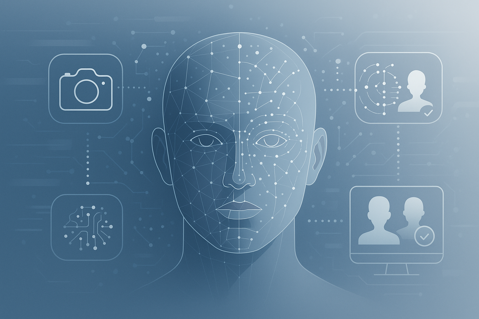 Infographic illustrating facial recognition technology process showing digital face with wireframe lines and technology icons