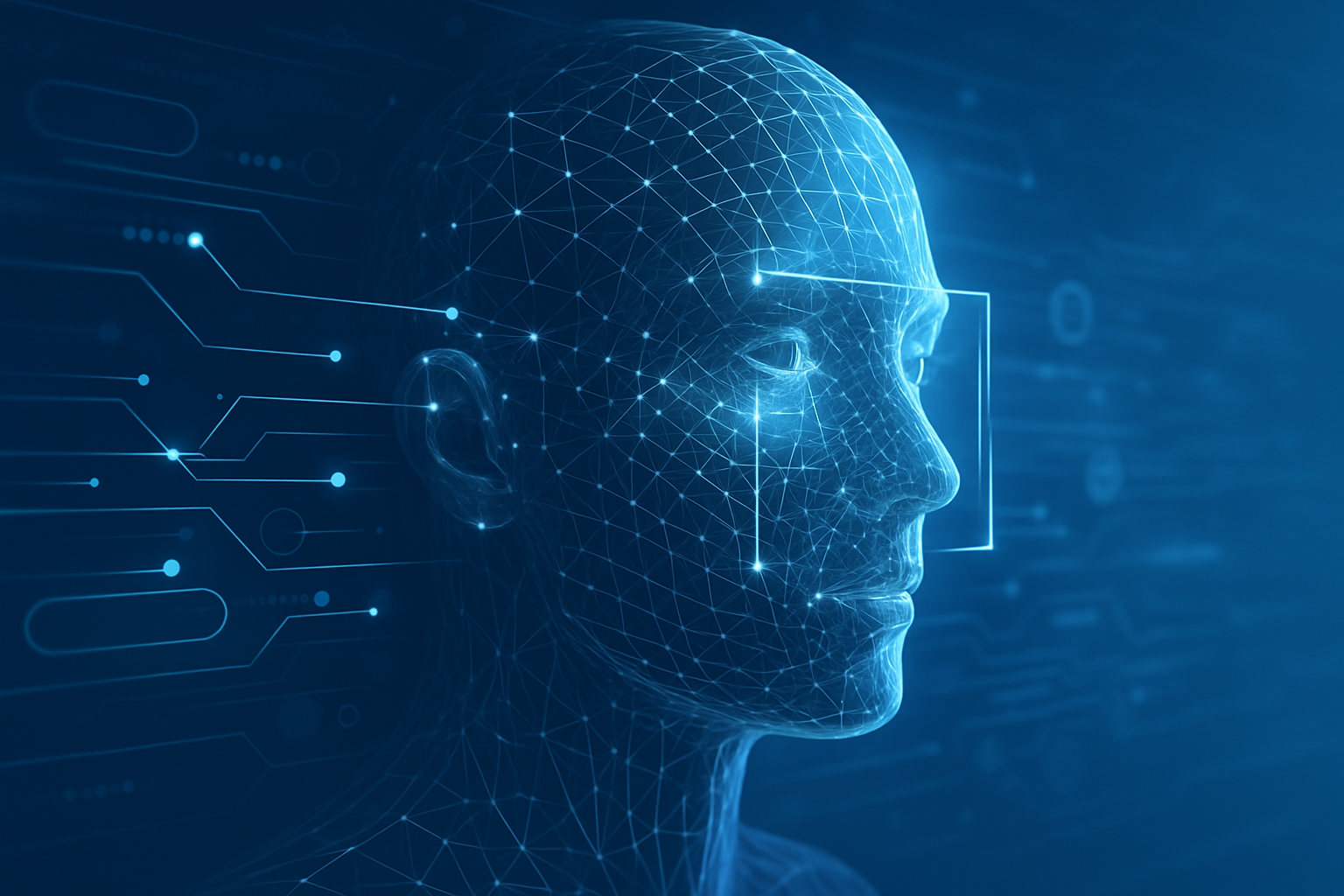 Modern facial recognition concept with AI and digital face scanning overlays