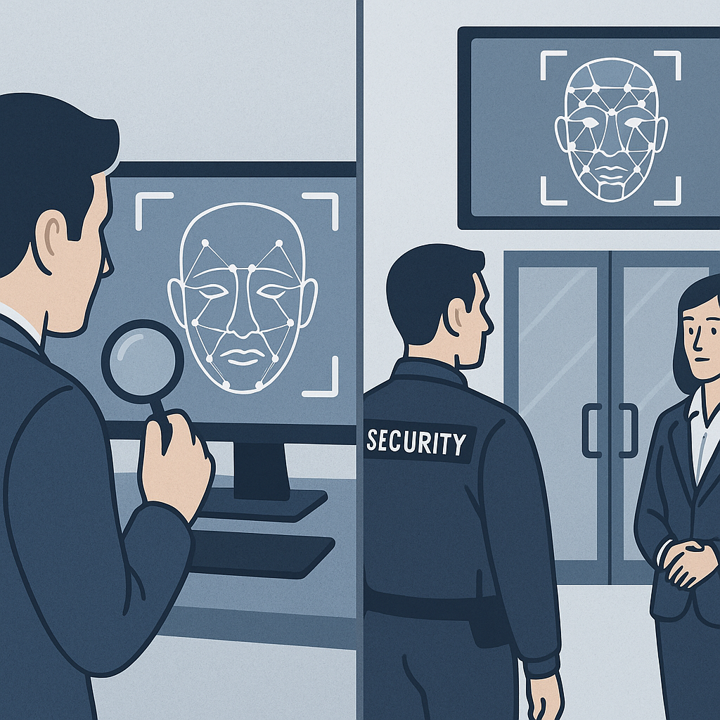 Split illustration of facial recognition: investigator analyzing digital face and security team monitoring building access