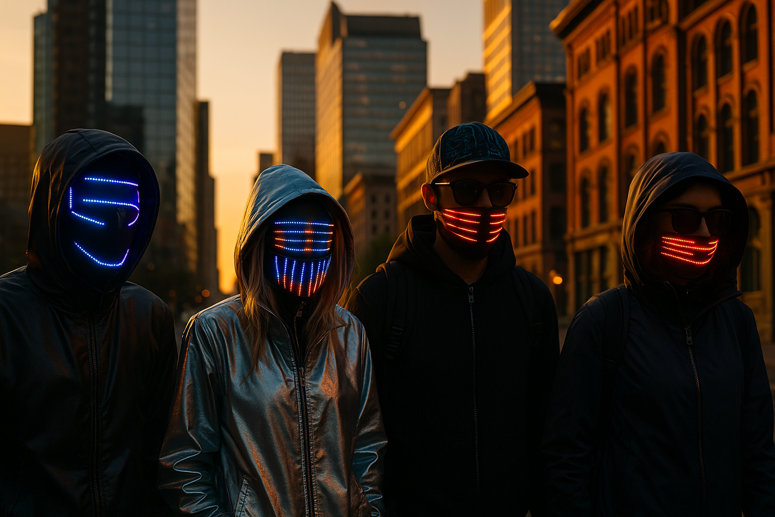Diverse group in urban city wearing unique anti-facial recognition masks with geometric patterns and LED lights