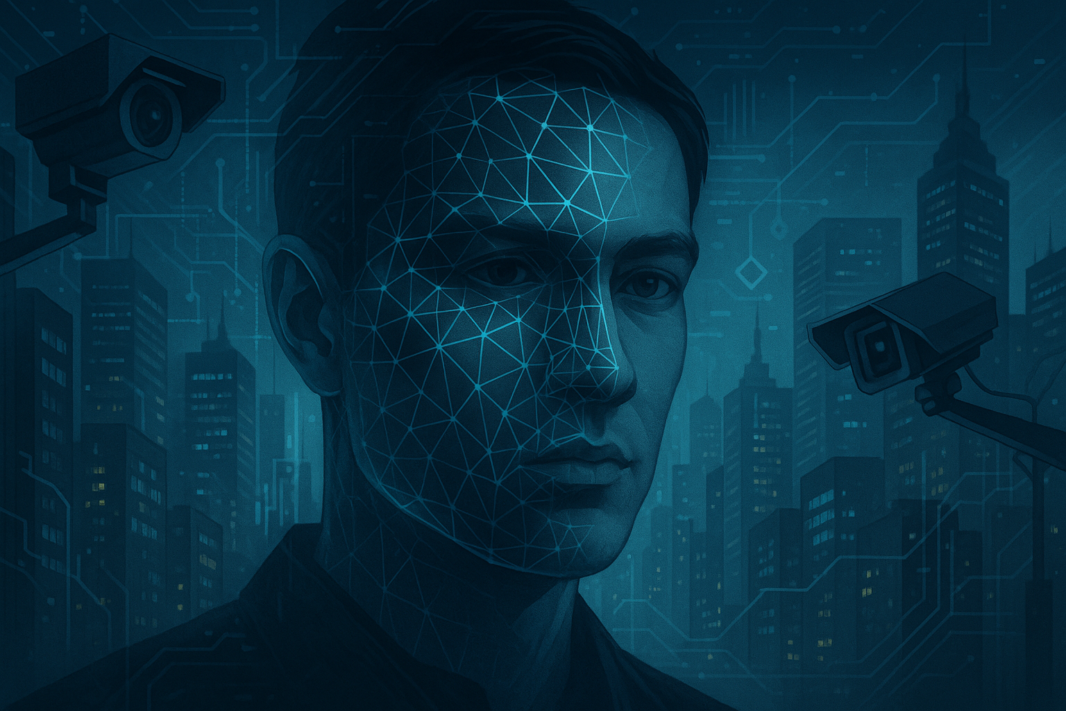 Human face partially concealed by a digital mesh of glowing blue and grey lines