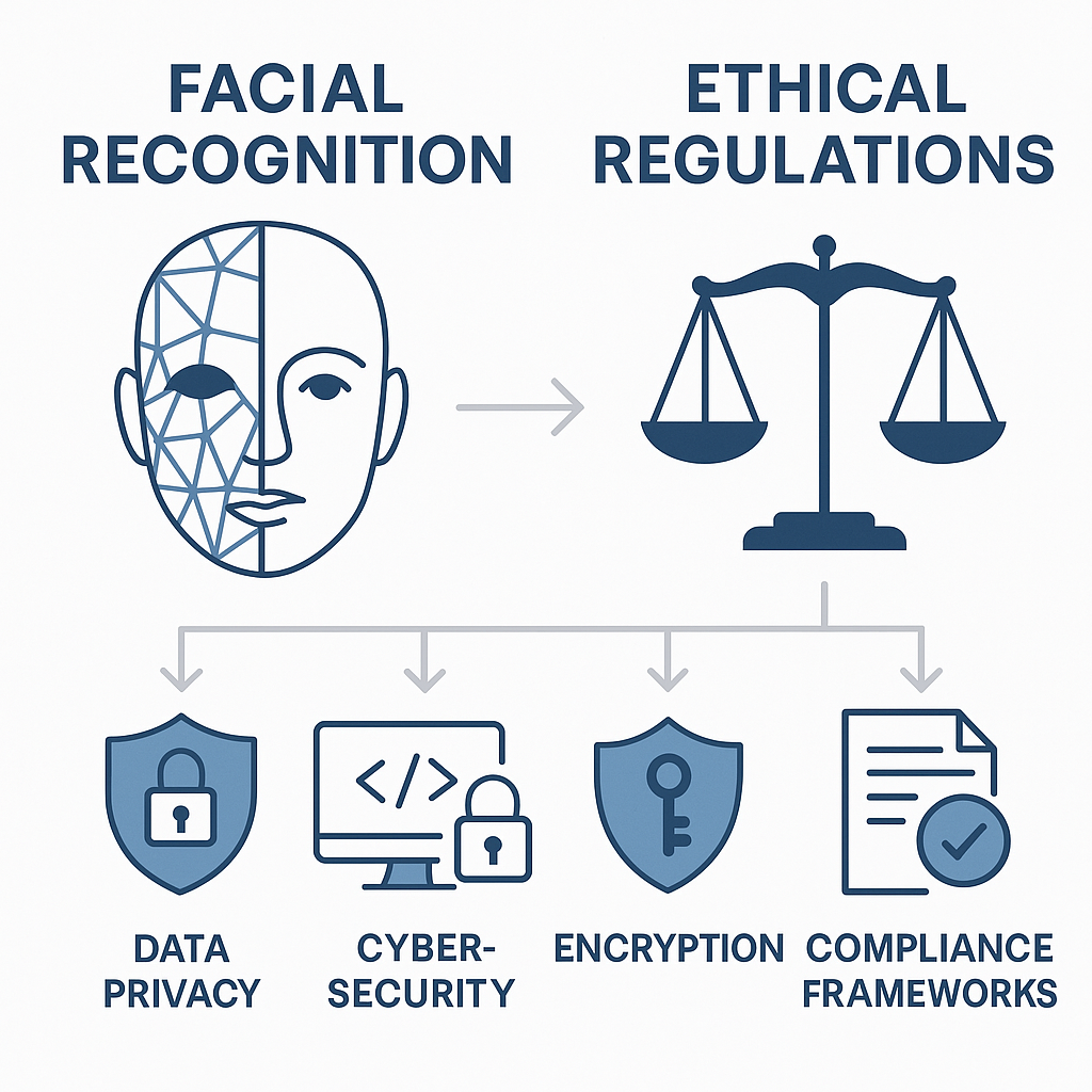 Infographic illustrating balance between security and ethical standards, highlighting Data Privacy, Ethical Hacking, Cybersecurity Laws, and Compliance Frameworks