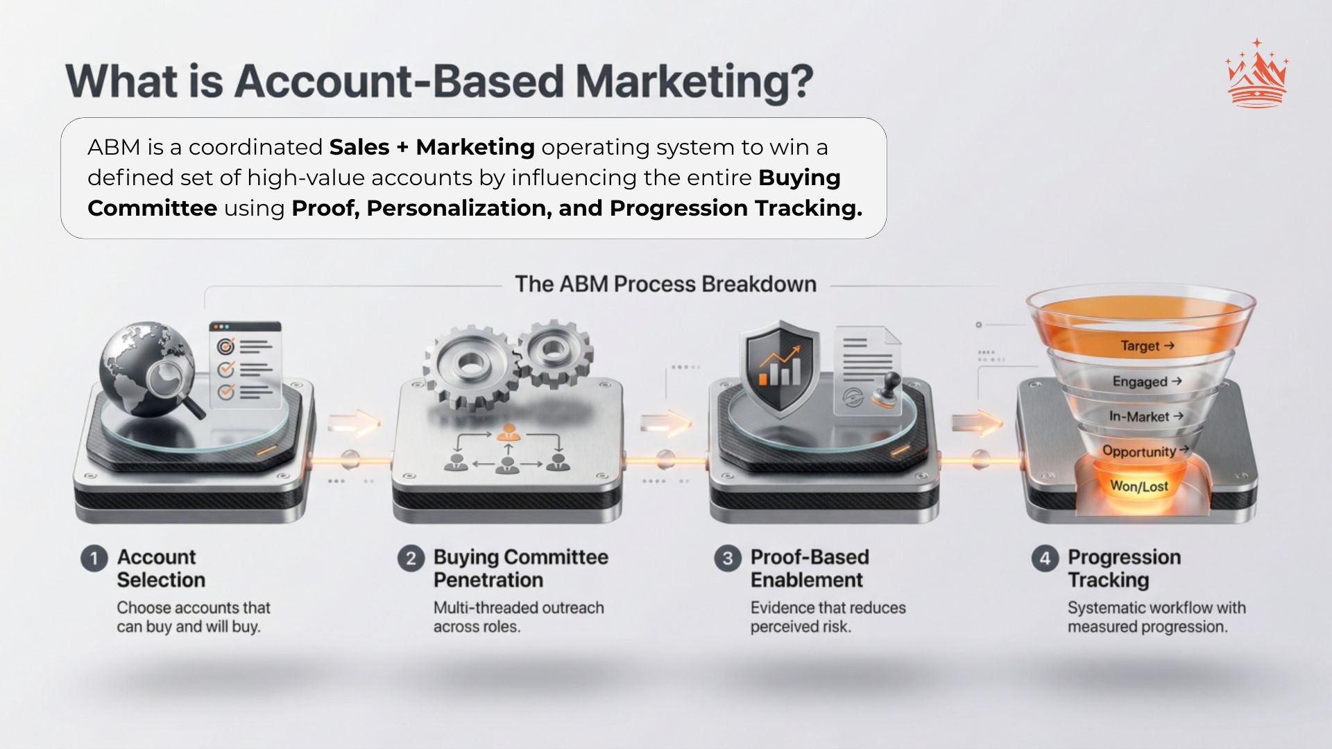 What is Account-Based Marketing? The ABM Process Breakdown showing Account Selection, Buying Committee Penetration, Proof-Based Enablement, and Progression Tracking.