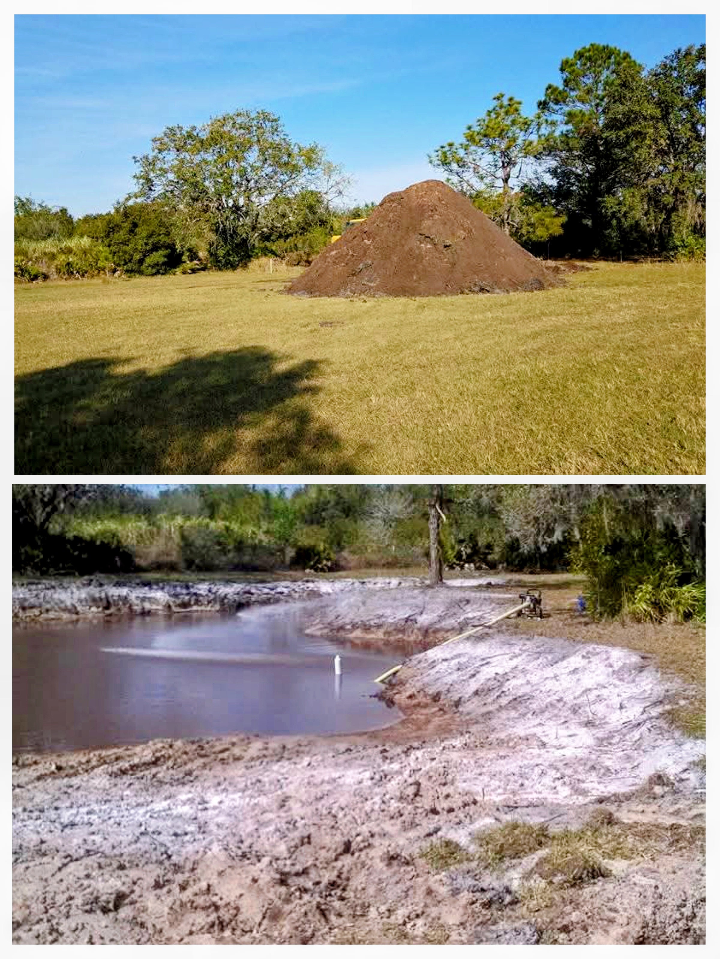 Land clearing and pond excavation collage